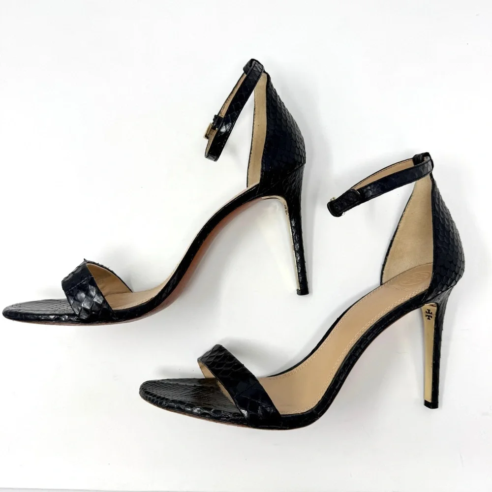 Tory Burch Keri Black Snakeskin Ankle Strap Stiletto Heels Sandals